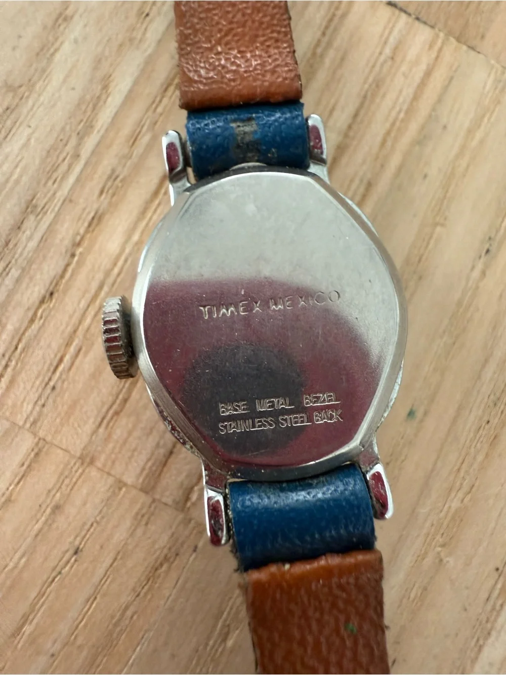 Timex ladies blue dial silver tone blue strap mechanical winding watch